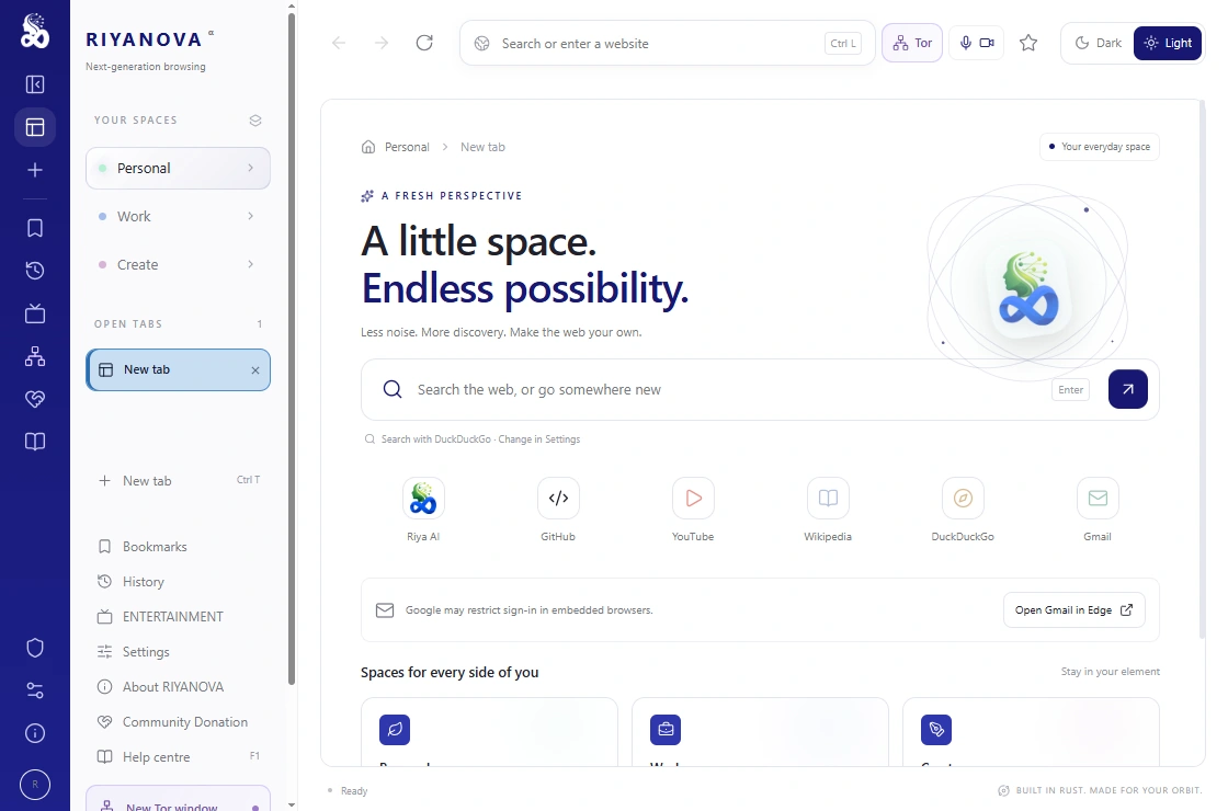 RIYANOVA Windows browser showing the left sidebar, spaces, address bar and visible theme switch