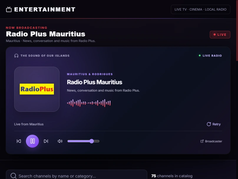 Radio Plus Mauritius playing in RIYANOVA with its logo, live status, pause and volume controls